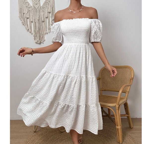 . Dresses & Skirts - White Boho Off Shoulder Shirred Detail Puff Sleeve Ruffle Hem Maxi Dress